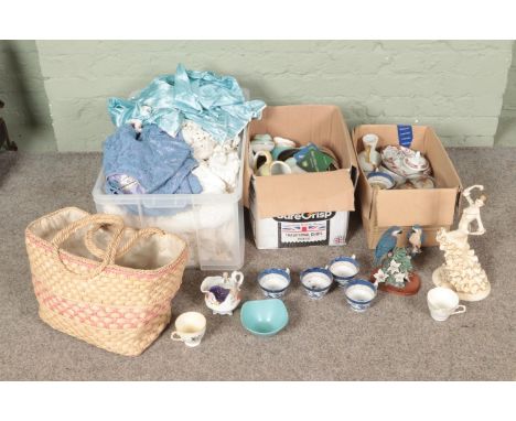 Three boxes of miscellaneous to include linens, Leonardo Collection, Ye Old Chinese Willow, Goebel, etc.  