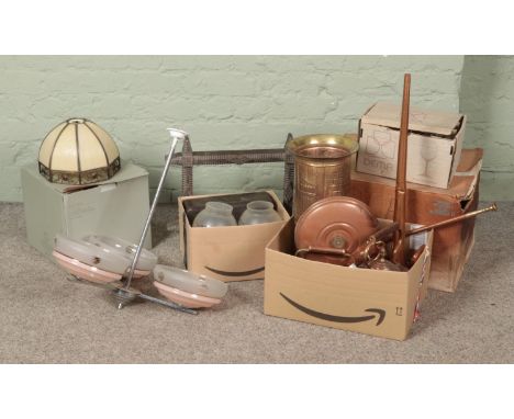 A quantity of metalwares including copper tea pots, brass umbrella stand and pewter paper weight together with ceiling light,