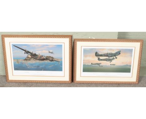 Two gilt framed Philip E.West limited edition signed military aircraft prints. One titled 'First Light - Battle of Britain Ju