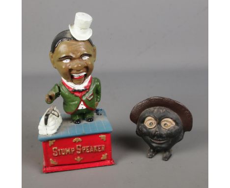 Two cast iron money banks to include Save and Smile and Stump Speaker examples.  