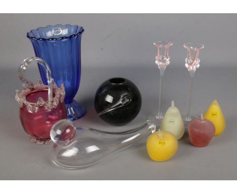 A collection of art glass, to include Caithness candlesticks, Ivy Glass fruit and Bohemia glass vase.  Small chip to the rim 