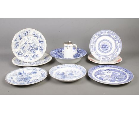 A collection of mainly Nineteenth century blue and white pottery, together with a Cauldon China milk jug, retailed by Harrods