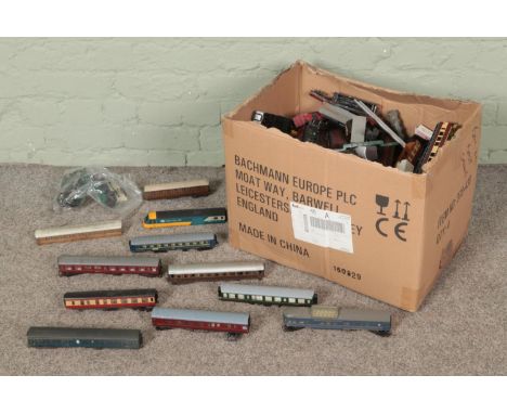 A large box of assorted model railway carriages and body shells to include Hornby, Tri-Ang, Lima, Fleischmann, etc.  