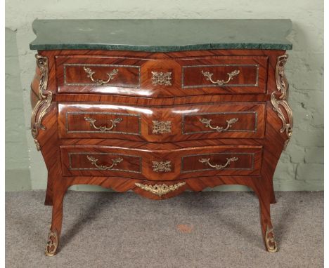 A French kingwood bombe shaped chest of drawers with verdigris marble top and ormolu mounts. (83cm x 102cm x 45.5cm)  Base of