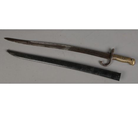 An 1866 pattern French Chassepot sword bayonet with scabbard. Length of blade (57cm)  