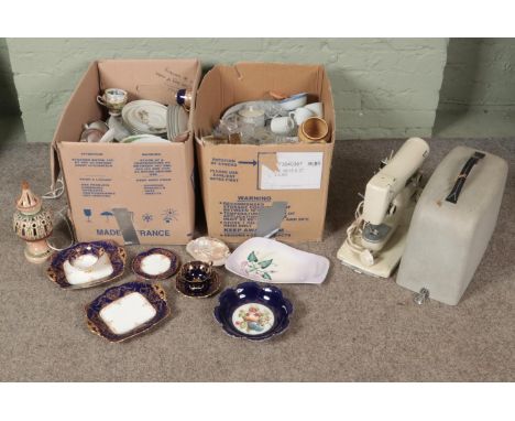 Two large boxes of miscellaneous. Includes glassware, Cauldon, Royal Albert cup &amp; saucer, Carltonware dish, Necchi sewing