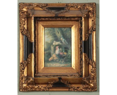 After Edger Hunt, an ornate framed oleograph depicting chickens/birds farmyard scene. (17cm x 12cm)  