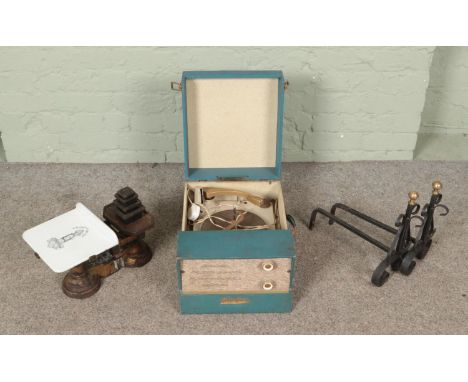 A set of weighing scales with ceramic plate depicting  Justice with the motto 'Justitia Virtutum Regina' and weights along wi