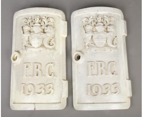 A pair of cast iron street light door plates, both dated 1933 and with initials F.B.C, for Finsbury with crest of arms and mo