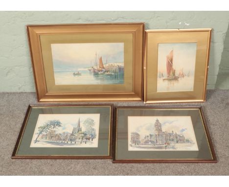 Four framed watercolours. Includes A. Walls seascape and Kenneth A. Bromley Landscapes of Sheffield, Cathedral and Town Hall.