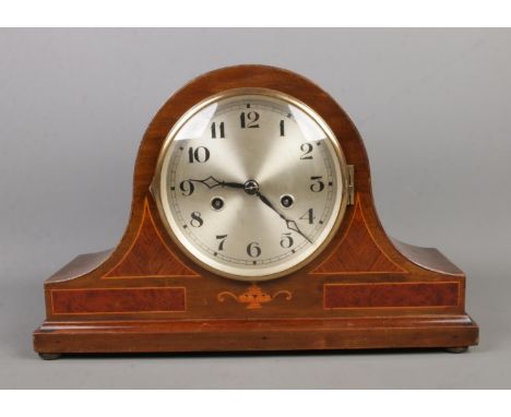 A German inlaid mantle clock, c.1930's-1940's, featuring burr walnut and mother of pearl decoration.  