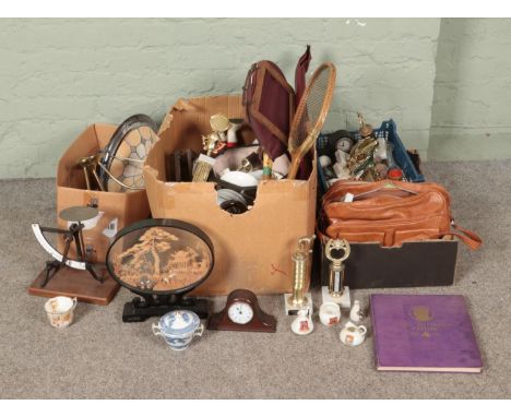 Three boxes of miscellaneous to include light fittings, crested ware, vintage tennis rackets, etc.  