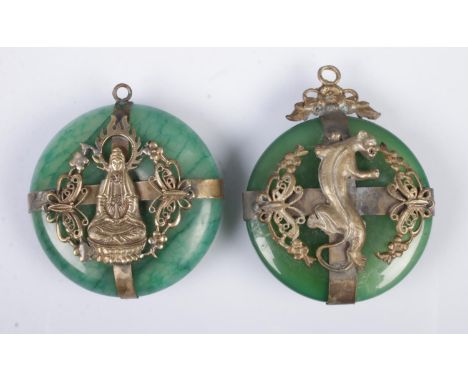 Two similar Tibetan style pendants of white metal and jade colour design depicting a tiger and goddess Quan Yin.  