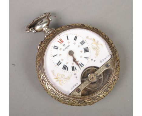 An open face Hebdomas style eight days pocket watch, with rowing scene to the back of the case.  Cracks to the edge of the en
