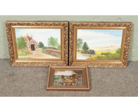 A pair of oil on boards depicting country scenes by K B Marshall together with another print.  
