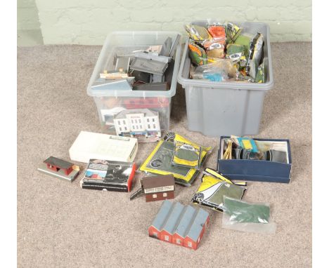 Two boxes of assorted model railway scenery, buildings and diorama supplies to include Hornby, card built shops, Woodland Sce