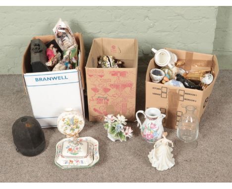 Three boxes of miscellaneous to include cased Olympia typewriter, Wade, Leonardo Collection, Tango Clock, etc.  