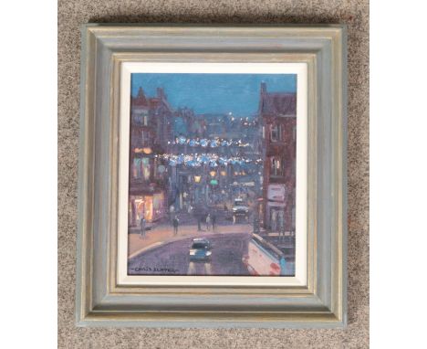 Chris Slater, an oil on canvas depicting Rotherham town centre titled "Christmas Light High street" 43x38cm  