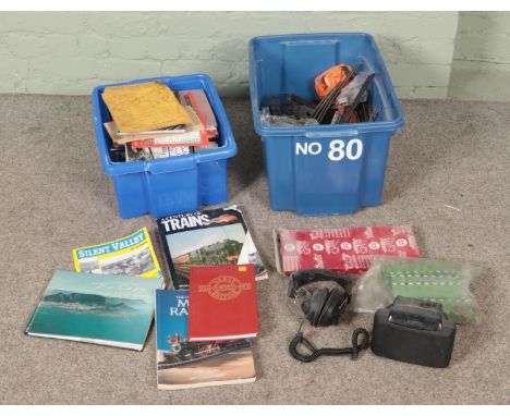 Two boxes of model railways spares, repairs, track and accessories including several books, scenery paints, speaker and headp