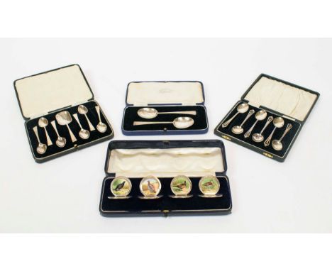 SILVER AND ENAMEL MENU HOLDERS, a set of four, Edwardian, Sampson Mordan &amp; Co, 1904, Hand painted possibly by Stinton wit