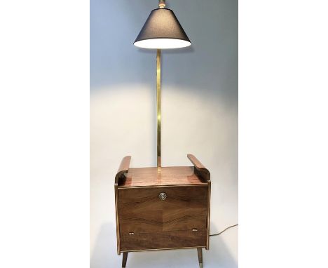 COCKTAIL CABINET, 1960's mahogany and brass mounted with pendant light, the door enclosing fitted interior by HK London, 175c