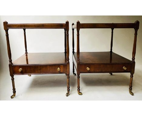 LAMP TABLES, a pair, George III design yewwood each with drawer and undertier, 46cm x 46cm x 60cm H. (2) 