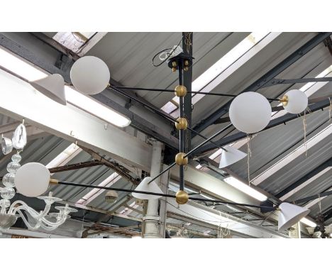 SQUARE IN CIRCLE BALL AND SHADE PENDANT LIGHT, 90cm drop. 