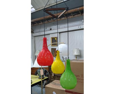 CEILING PENDANT LAMP, 120cm drop approx, vintage mid 20th century tri colour design. 