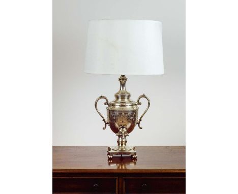 SAMOVAR LAMP, Mappin and Webb silver plated, engraved Neo Classical decoration, 50cm H. 