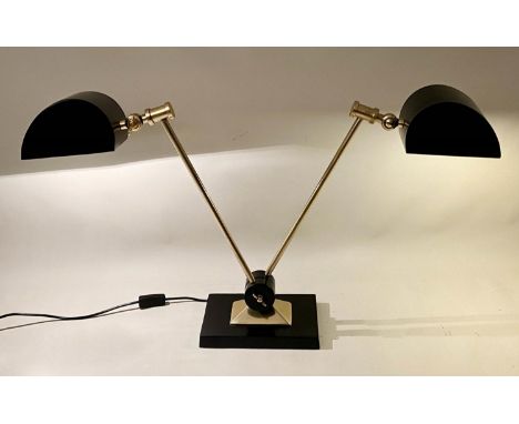 TWIN BRANCH DESK LAMP, adjustable, black shades, brass frame, black stand, 55cm high, 65cm wide, 17cm d. 