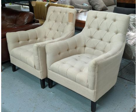 ARMCHAIRS, a pair, button back, neutral upholstered finish, 75cm x 64cm x 98cm H. (2) 