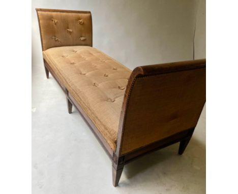 DAYBED, 19th century French walnut with tufted hessian upholstery, 194cm W. 