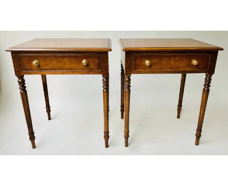 LAMP/SIDE TABLES, a pair, George III burr walnut and crossbanded each with a frieze drawer, 63cm x 47cm x 76cm H. (2) 