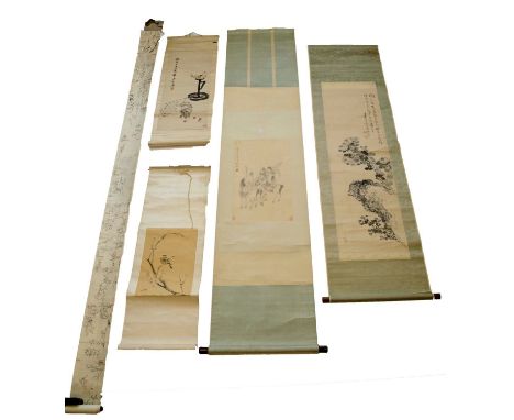 CHINESE HANGING SCROLLS, five various including a rat by oil lamp eating cherries, a finch perched and blossoming tree. (5) 