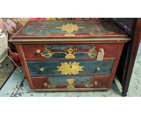 COMMODE, 123cm W x 93cm H x 60cm D, 19th century Russian painted pine with foliate decoration, three long drawers and steel s