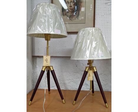 LAUREN RALPH LAUREN HOME TRIPOD TABLE LAMPS, a pair, 86cm H, height adjustable, with shades. (2) 