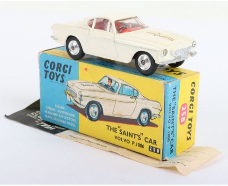 Corgi Toys Vintage 258 The “Saints” Car Volvo P.1800 , white body, red interior, the Saint figure, shaped spun wheel hubs, bl