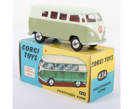 Corgi Toys 434 Volkswagen Kombi Van, light metallic green, pale green body, red interior, spun shaped wheels, model is in min