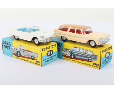 Two Boxed Vintage Corgi  USA Cars, 215 Ford Thunderbird Open Sports, white body, silver/blue interior, clear windscreen, flat