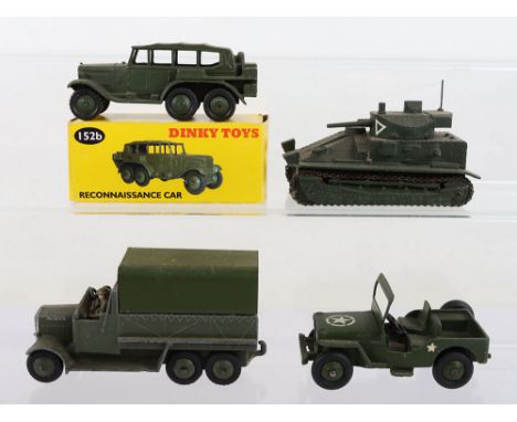 Dinky Toys 699 US Army Jeep, ridged wheel hubs, army star decal to bonnet, 151b post war 6-wheel covered wagon, ridged wheel 