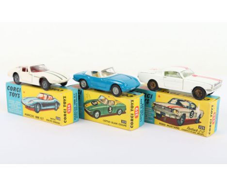Three Boxed Vintage Corgi Toy Cars, 319 Lotus Elan Coupe S2,blue body, white roof, cast wheel hubs, in near mint original con