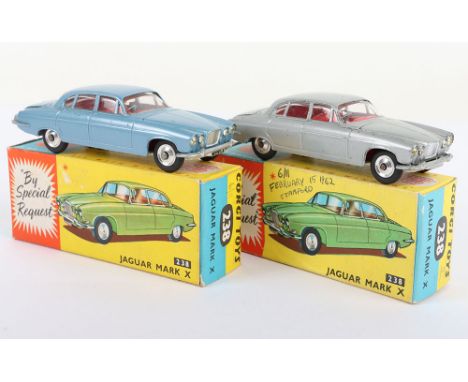 Two Boxed Vintage Corgi 238 Jaguar Mark Ten Saloons, 1. Metallic silver, red interior, spun wheel hubs, with one suitcase, in
