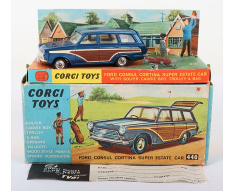 Corgi Toys 440 Ford Cortina Super Estate Car, with golfer, caddie boy, trolley and bag, metallic dark blue body, wood style p