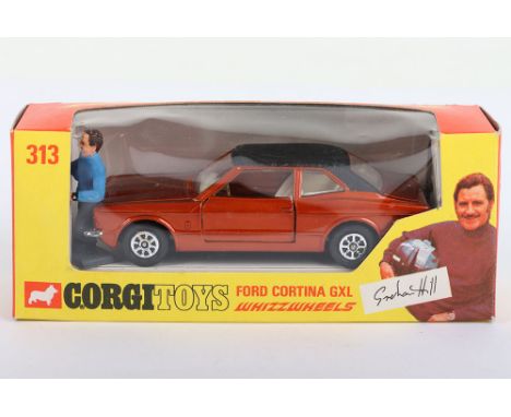 Corgi Toys 313 Graham Hills Ford Cortina GXL, metallic bronze body, mat black roof, Whizzwheels, with Graham Hill figure, in 