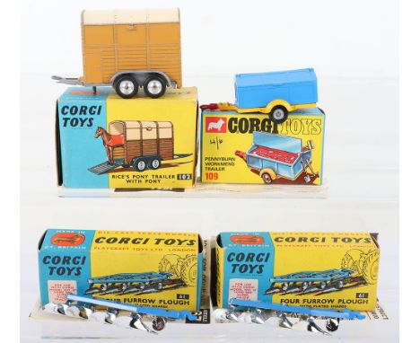 Corgi Toys 109 Pennyburn Workmen’s Trailer, blue body, yellow chassis, cast wheel hubs, complete with pick-axe, shovel, and b