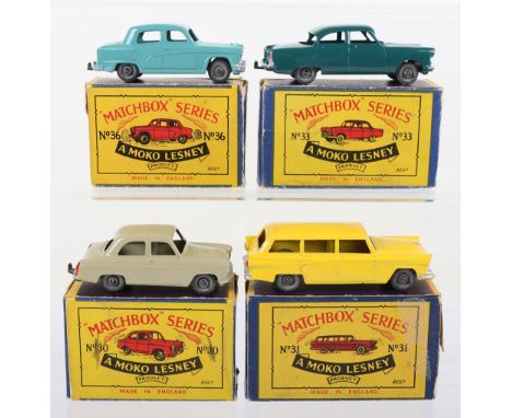 Four Matchbox  Moko Lesney Regular Wheels Model Cars, 30a Ford Prefect, grey-brown, metal wheels, silver trim, in near mint o