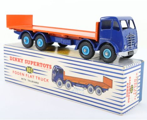 Dinky Supertoys 903 Foden Flat Truck with tailboard, 2nd type cab, violet blue cab/chassis, orange flatbed, mid blue wheel hu