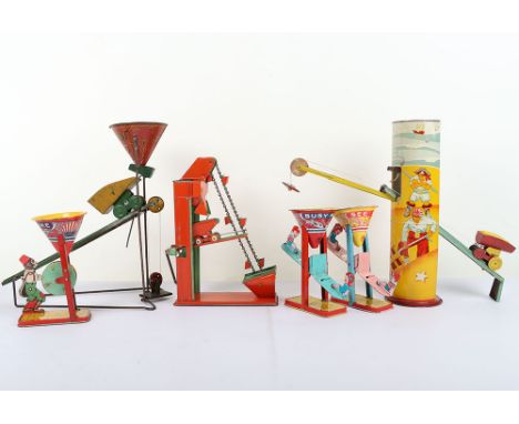 Six USA Tinplate Lithograph Sand Toys, including: Captain Sandy Andy Wolverine Supply & Manufacturing Co Pittsburgh PA, three