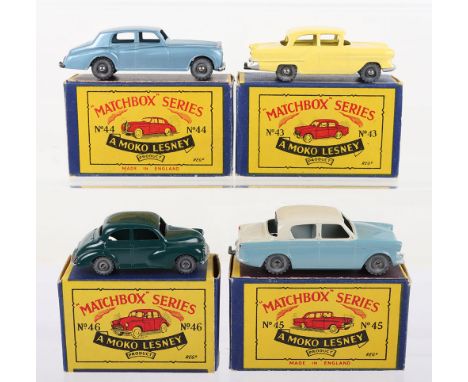 Four Matchbox  Moko Lesney Regular Wheels Model Cars, 43a Hillman Minx, blue grey body, pale grey roof, metal wheels, 44a Rol