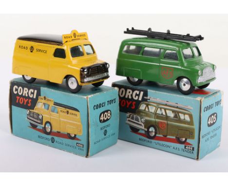 Two Corgi Toys Bedford Vans, 405 Bedford Utilecon AFS Tender, green body, silver trim, flat spun wheels, AFS transfers, ladde